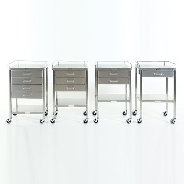 A row of five metal carts with one drawer.