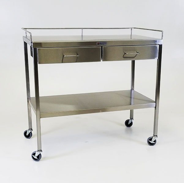 A stainless steel cart with two drawers and one shelf.