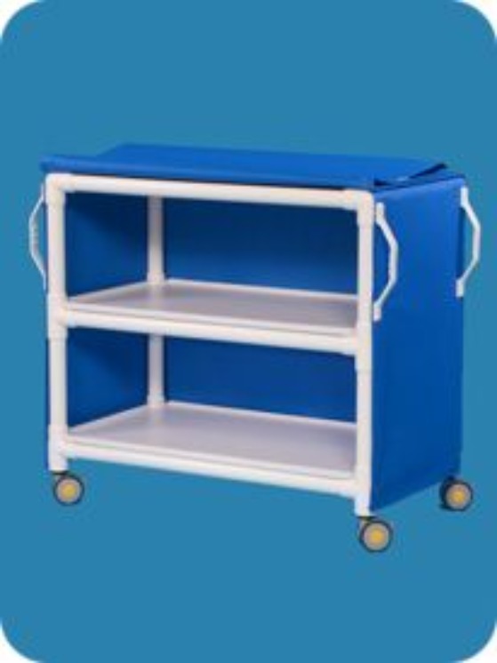 A blue cart with two shelves and a white frame.