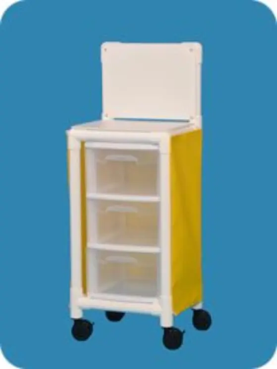 A yellow and white cart with three drawers.