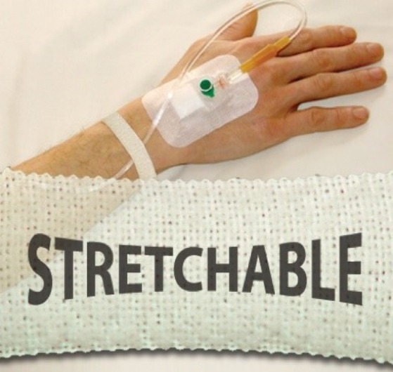 A person 's arm with a band around it and the word stretchable written underneath.