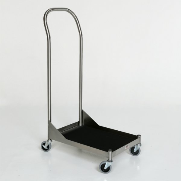 A metal cart with wheels and handle on the side.