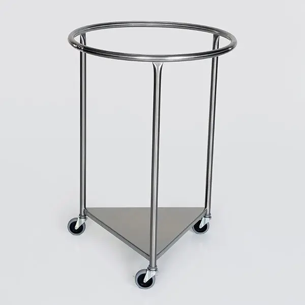 A metal stand with wheels and a triangle shaped base.