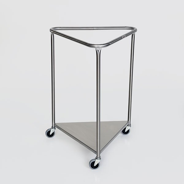 A metal triangle shaped stand with wheels.