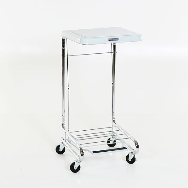 A metal cart with a tray on top of it.