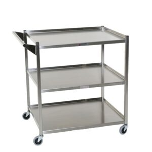 A stainless steel cart with three shelves and two handles.