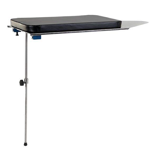 A table with a black surface and metal legs.