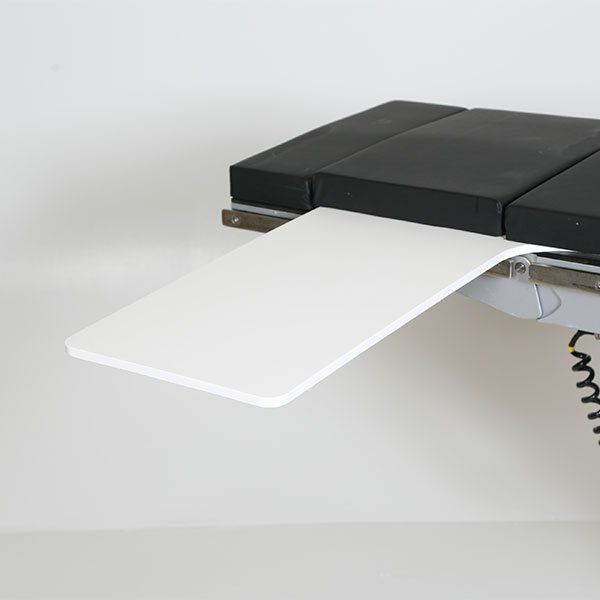 A white and black table with a phone on it