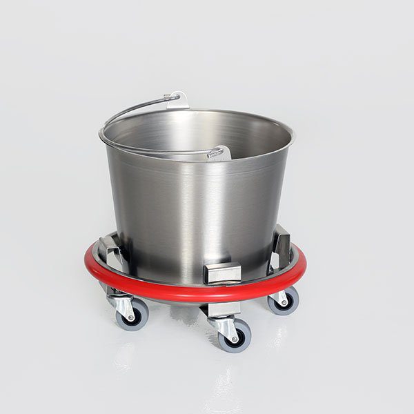 A bucket on wheels with red rim.