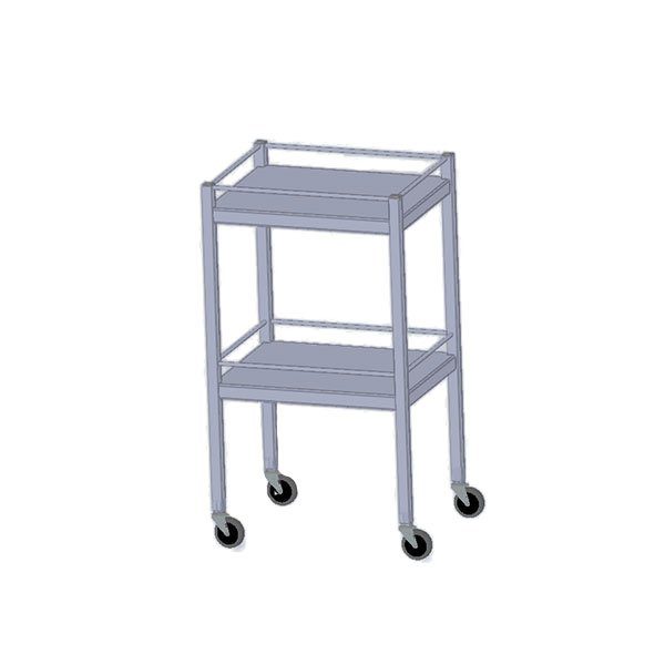 A metal cart with two shelves and wheels.