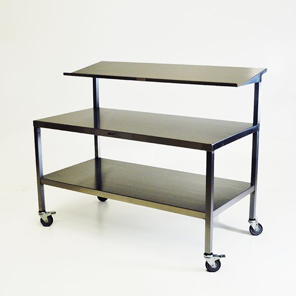 A metal cart with two shelves and wheels.