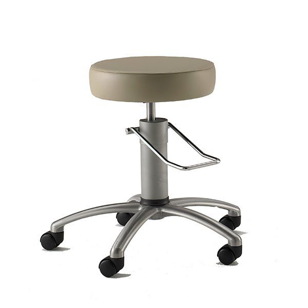 A stool with wheels and a foot rest.