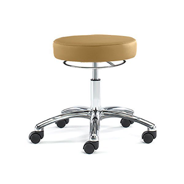 A stool with wheels and a brown cushion.