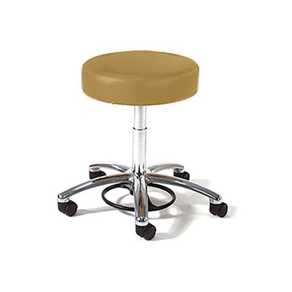A stool with wheels and a yellow cushion.