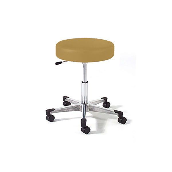 A stool with wheels and a brown cushion.