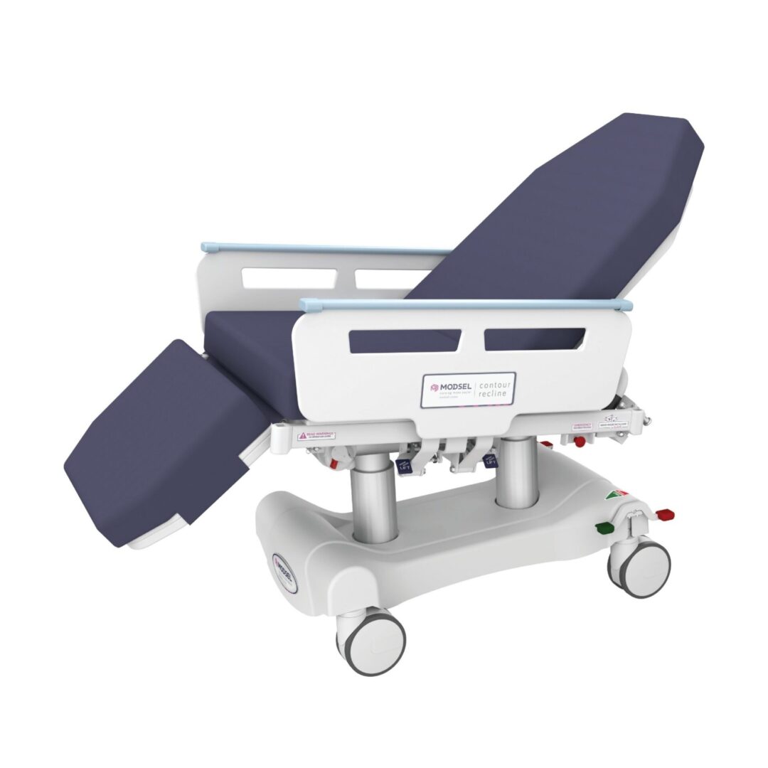 A hospital bed with wheels and blue covers.