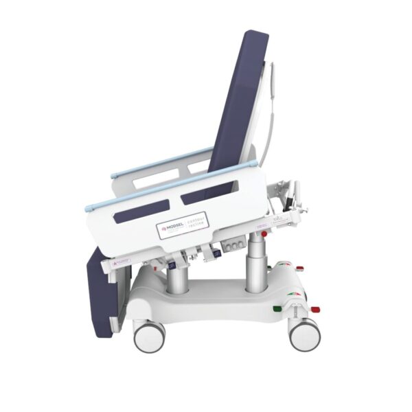 A medical bed with wheels and a blue cover.