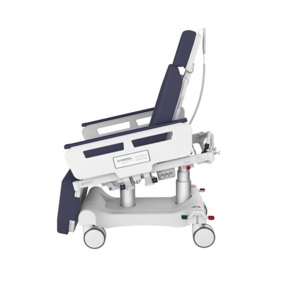 A medical chair with wheels and blue covers.