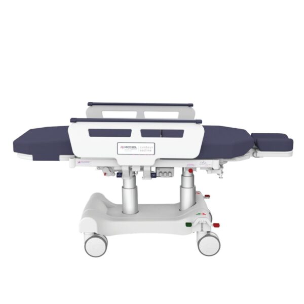 A medical bed with wheels and blue covers.