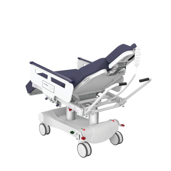 A medical bed with wheels and blue covers.