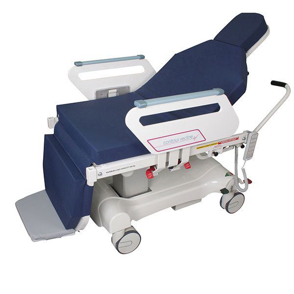 A blue and white hospital bed with wheels.