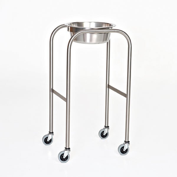 A stainless steel stand with wheels and a bowl on top.