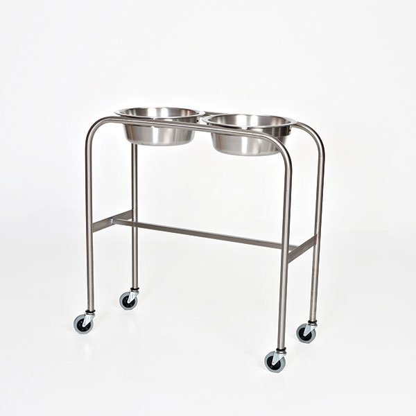 A stainless steel cart with two bowls on top.