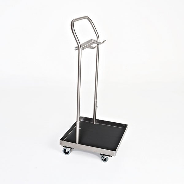 A metal cart with handle and black tray.