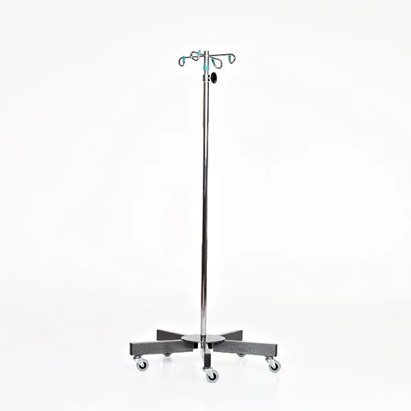 A tall metal stand with wheels and four legs.