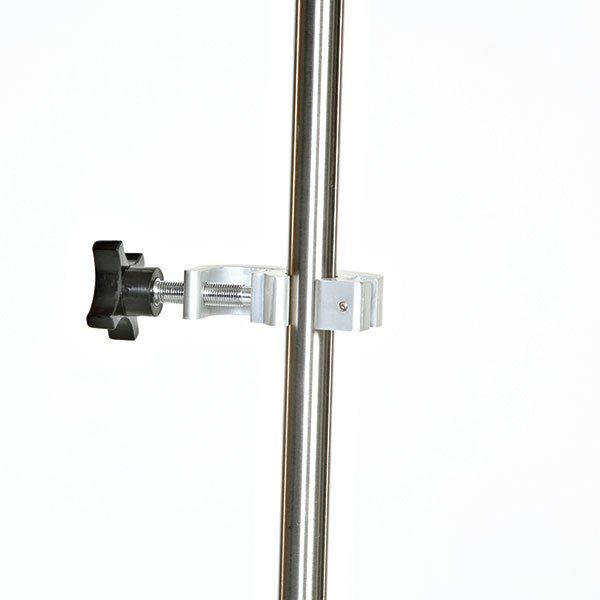 A metal pole with a plastic clamp attached to it.