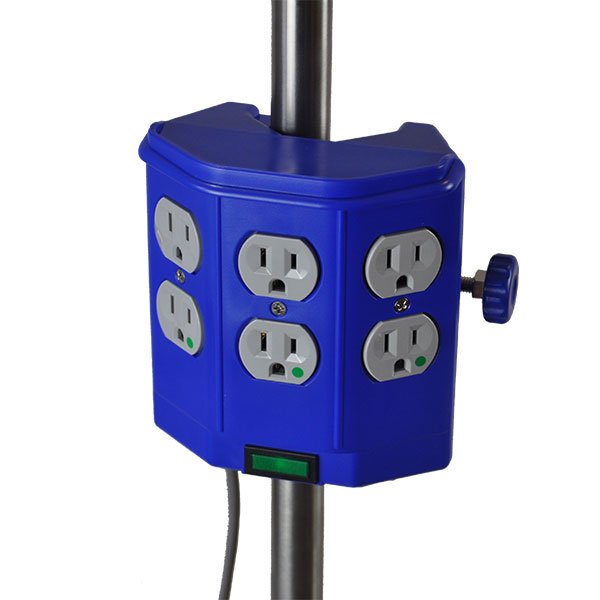 A blue power strip on top of a pole.
