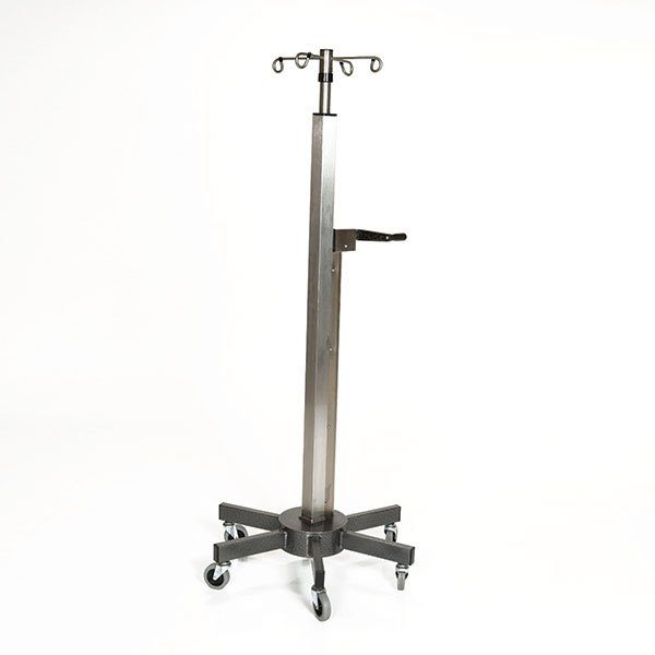 A stainless steel stand with wheels and handles.