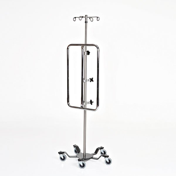 A metal stand with wheels and four hooks.
