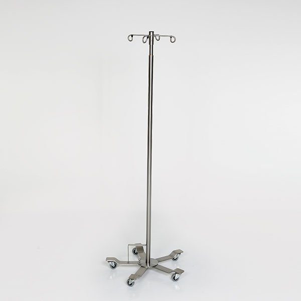 A metal pole with wheels and four hooks.