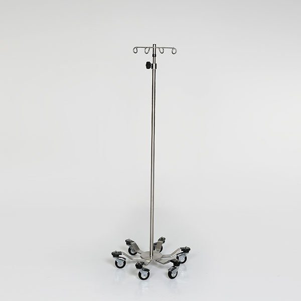 A stainless steel stand with four wheels and four hooks.