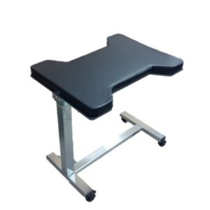 A black table with wheels and a handle.