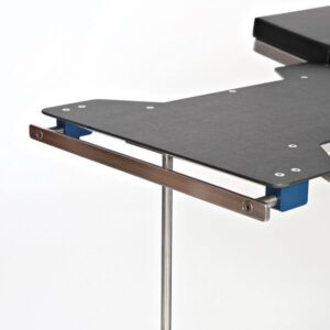 A table with two blue metal legs and one black metal shelf.