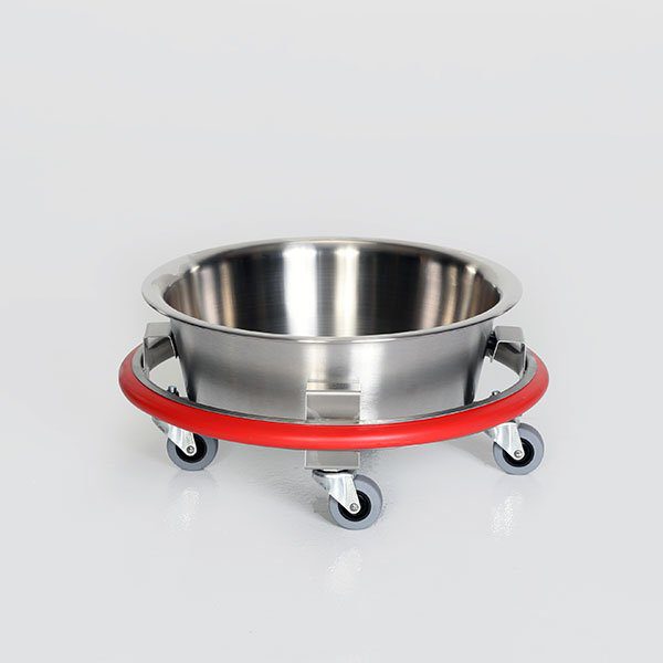 A red and silver bowl on wheels