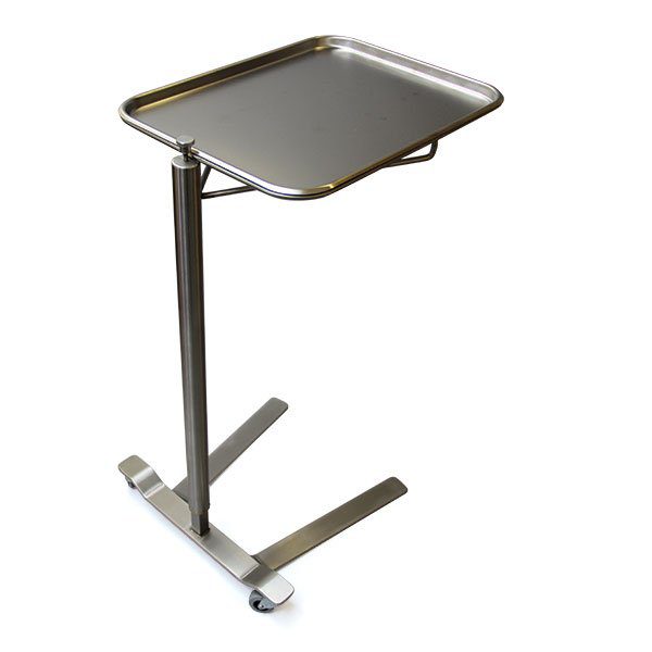A metal tray table with wheels on the side.