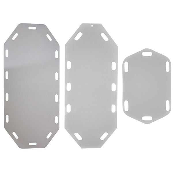 A group of three metal boards with holes in them.