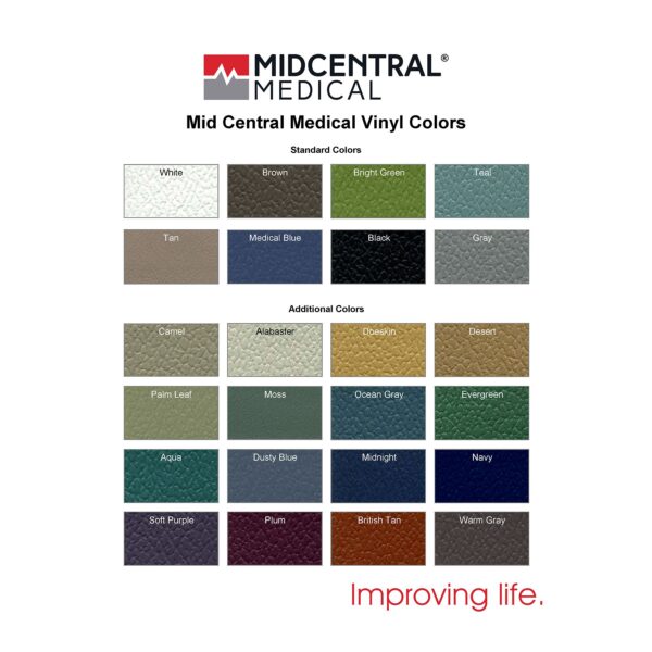 A color chart of the various colors in mid central medical vinyl.