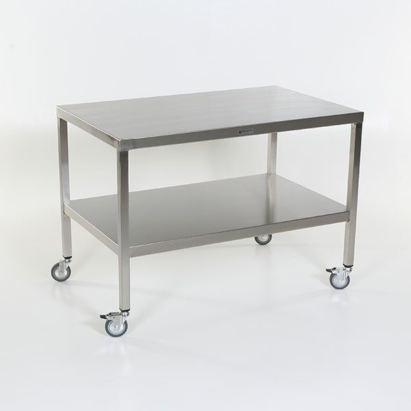 A stainless steel table with wheels on the bottom shelf.