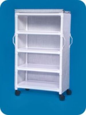 A white shelf with four shelves and two wheels.