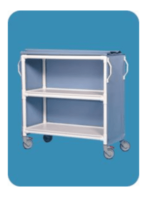 A blue cart with two shelves and a white frame.