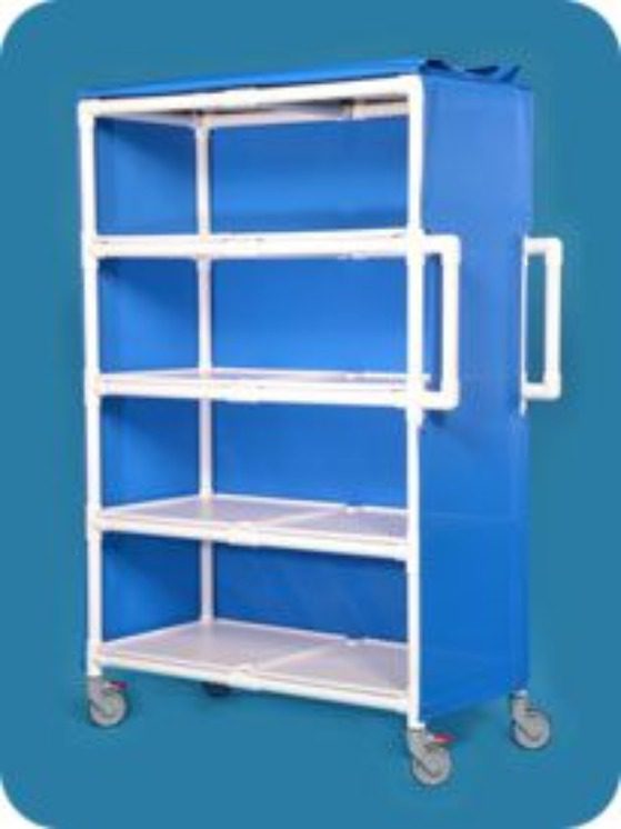 A blue cart with four shelves and two handles.