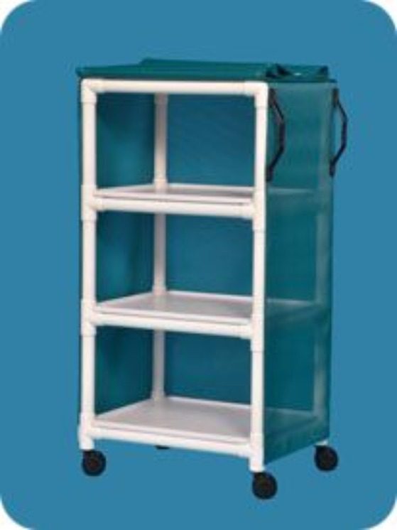 A white cart with three shelves and two wheels.