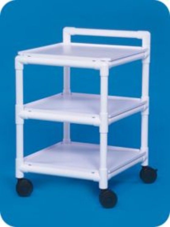 A white plastic cart with three shelves and two handles.