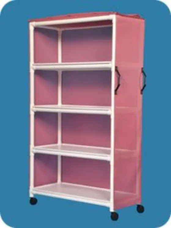 A pink and white shelf with five shelves.