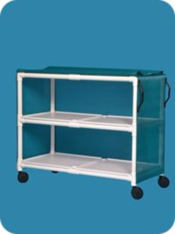 A white cart with two shelves and wheels.