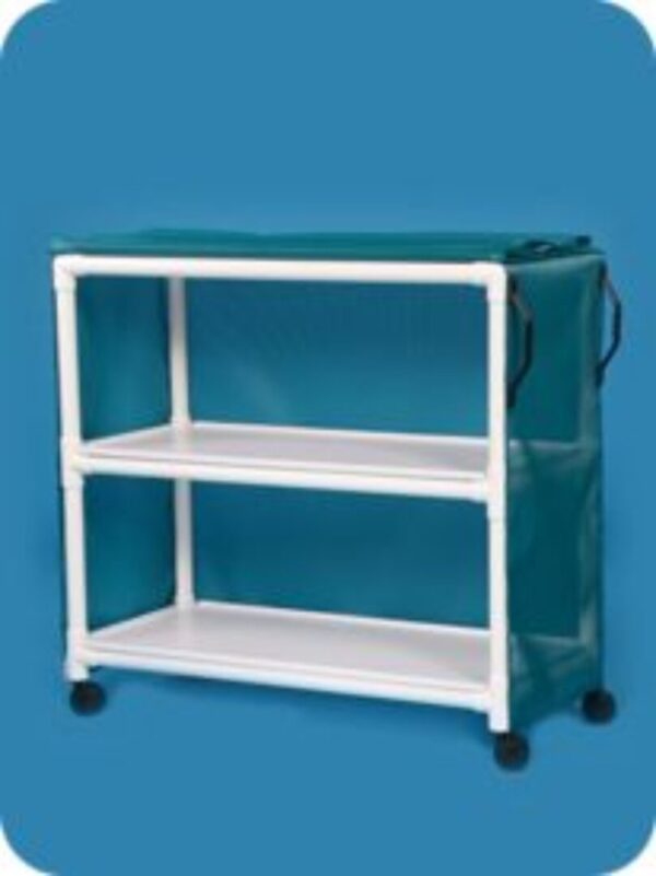 A white shelf with two shelves and a cover.